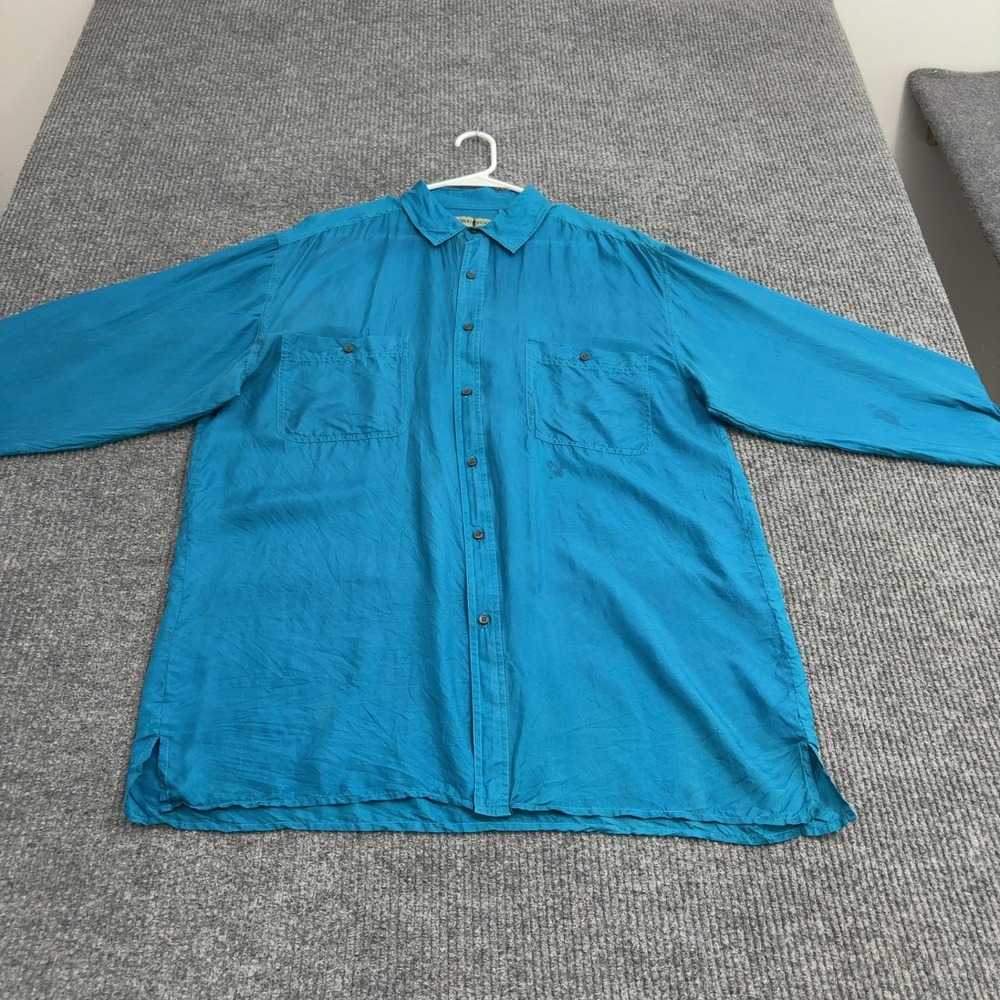 Vintage Robert Stock Shirt Mens XL Teal Silk Button Down Casual Retro